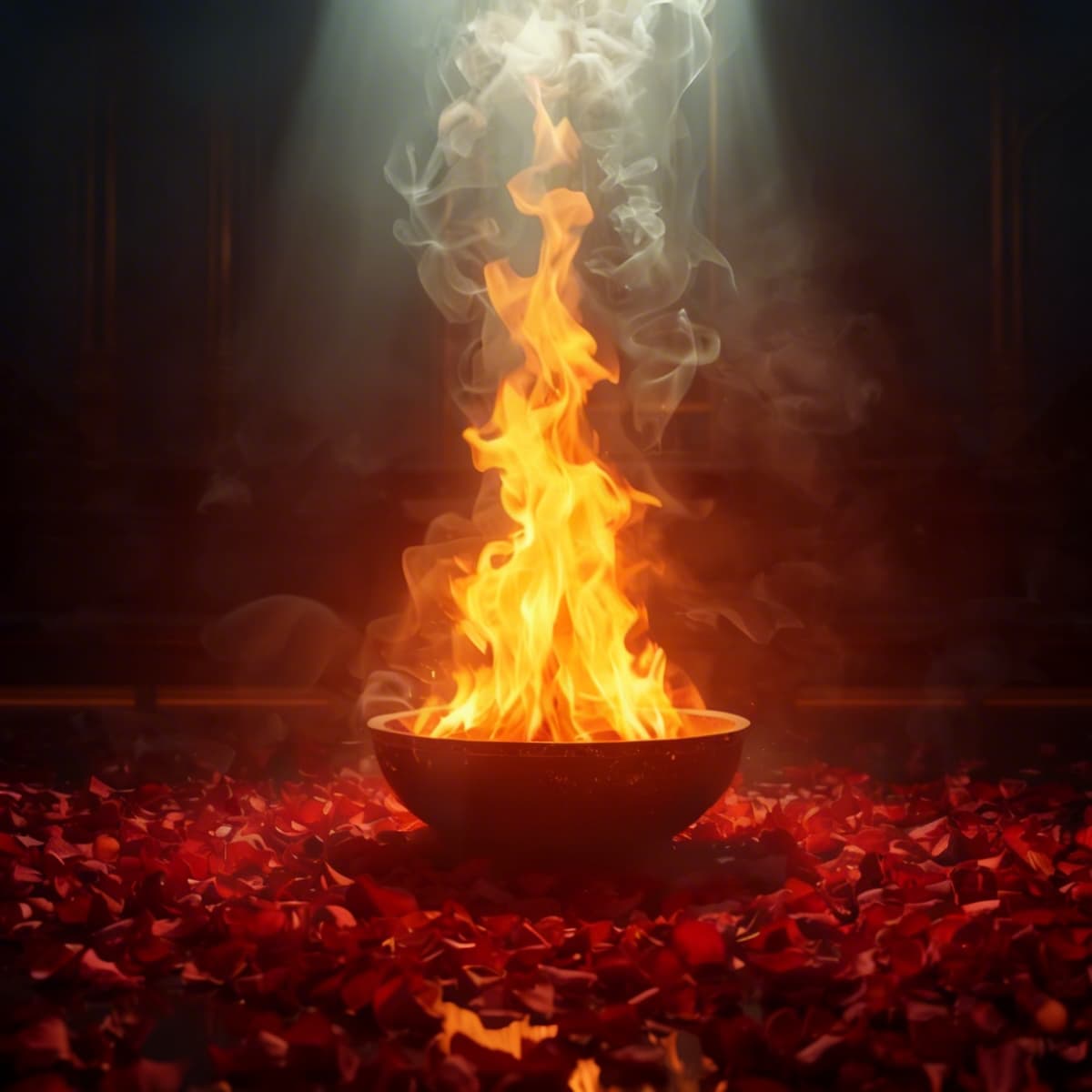 Sacred fire with rose petals — a symbol of purification in Vedic ritual