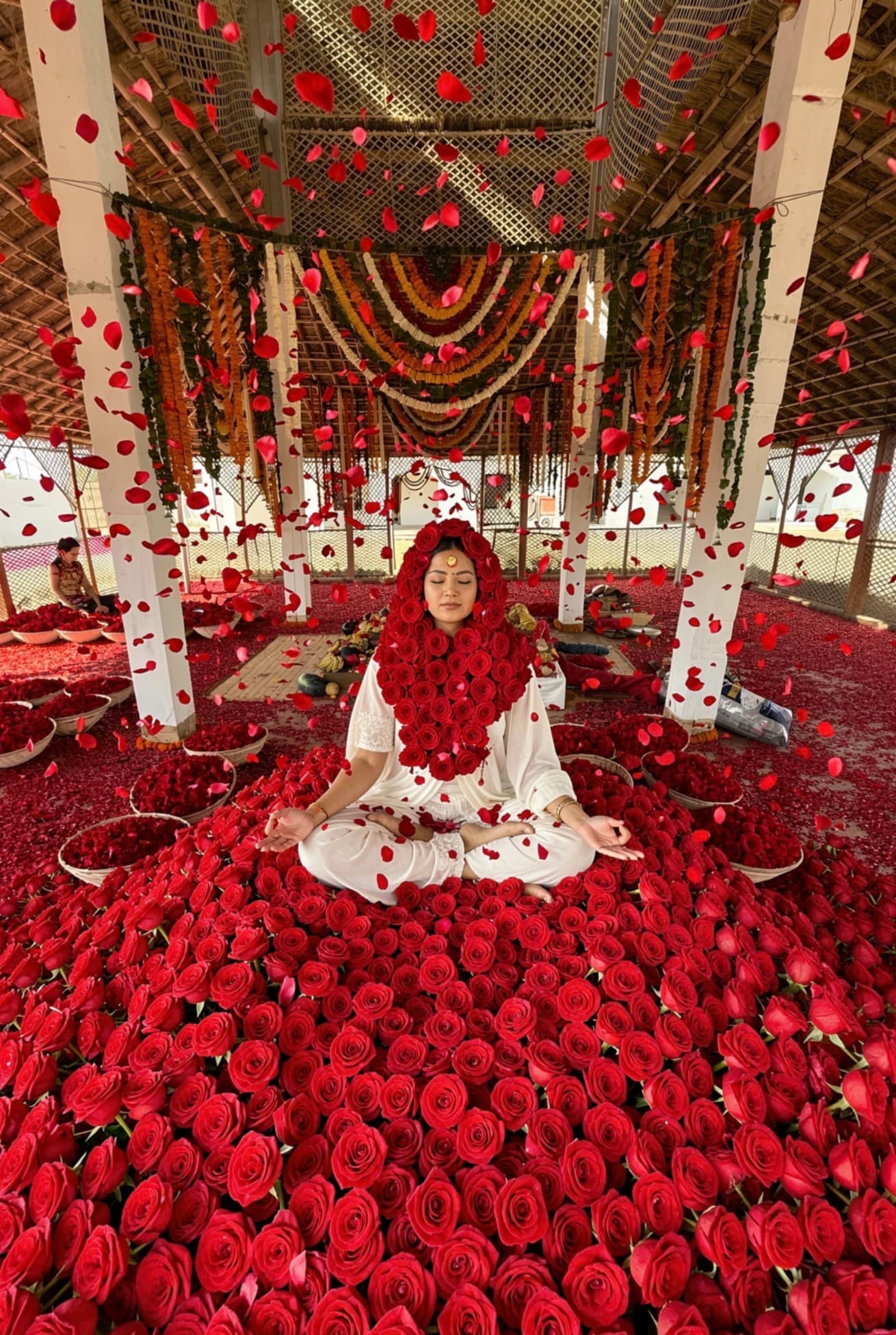 The actual Sattva Shuddhi rose ceremony — a participant in white meditating as rose petals rain down in the ceremony pavilion, Vrindavan