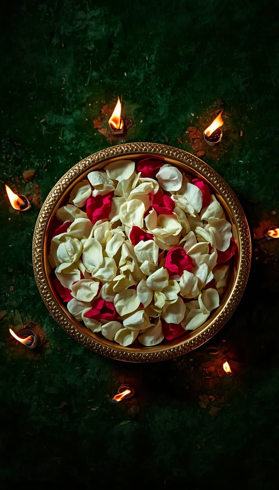 Sacred rose petals in a golden brass vessel surrounded by flame lamps — ritual offering