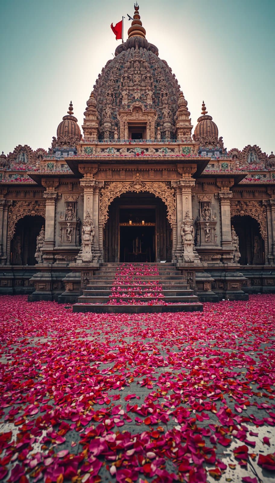 Vrindavan temple at dusk — rose petals on the ancient carved stone steps