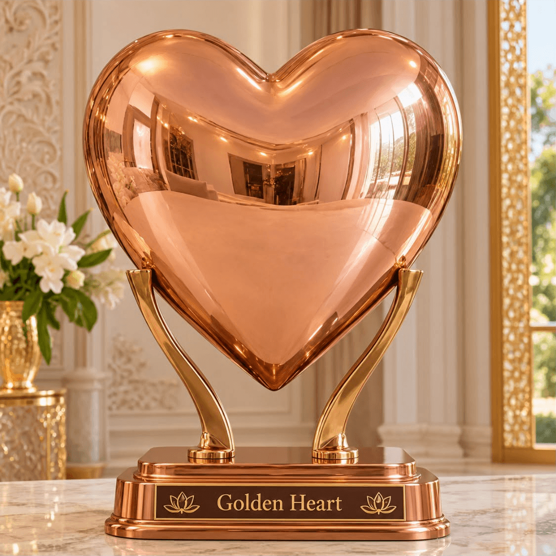 Golden Heart — a gold and copper heart on a sculpted stand